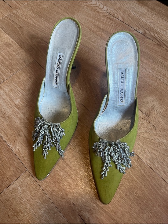 Manolo Blahnik Shoes - Vintage Manolo Blahnik green silk mule heel with grey/metallic tassel fringe